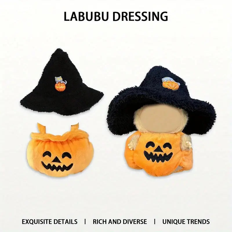 Labubu Halloween Pumpkin Overalls & Witch Hat Plush Outfit - Halloween Theme