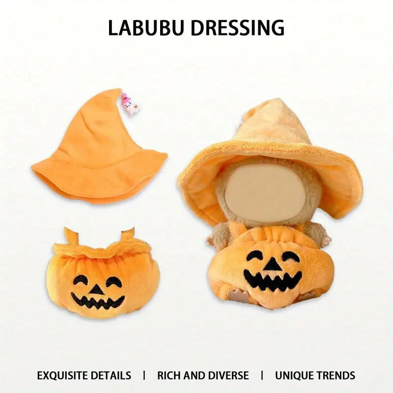 Labubu Halloween Pumpkin Overalls & Witch Hat Plush Outfit - Halloween Theme