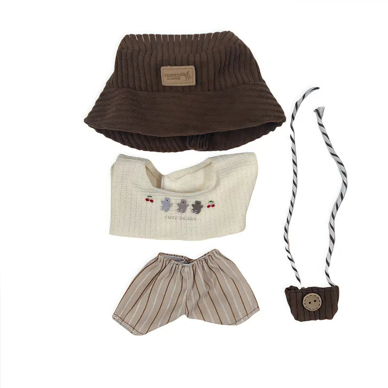 Labubu Explorer 4 Piece Outfit β Brown Bucket Hat, Striped Shorts, Biege Shirt & Mini Explorer Bag