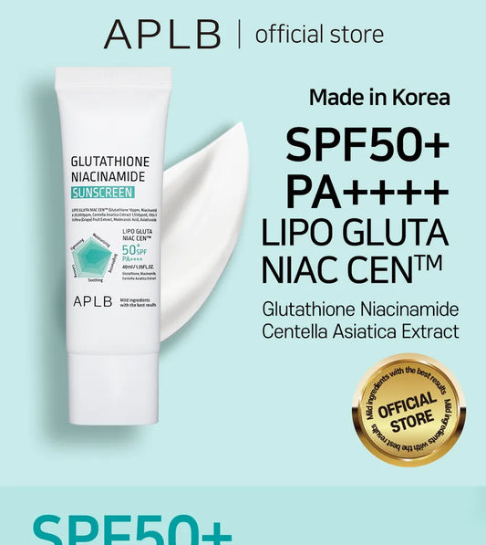 APLB sunscreen tube with product details on a light blue background at Zibuya Official Store