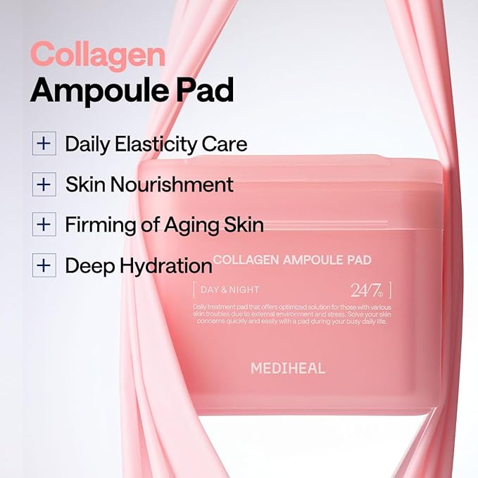 Collagen ampoule pad packaging with text on a light gray background