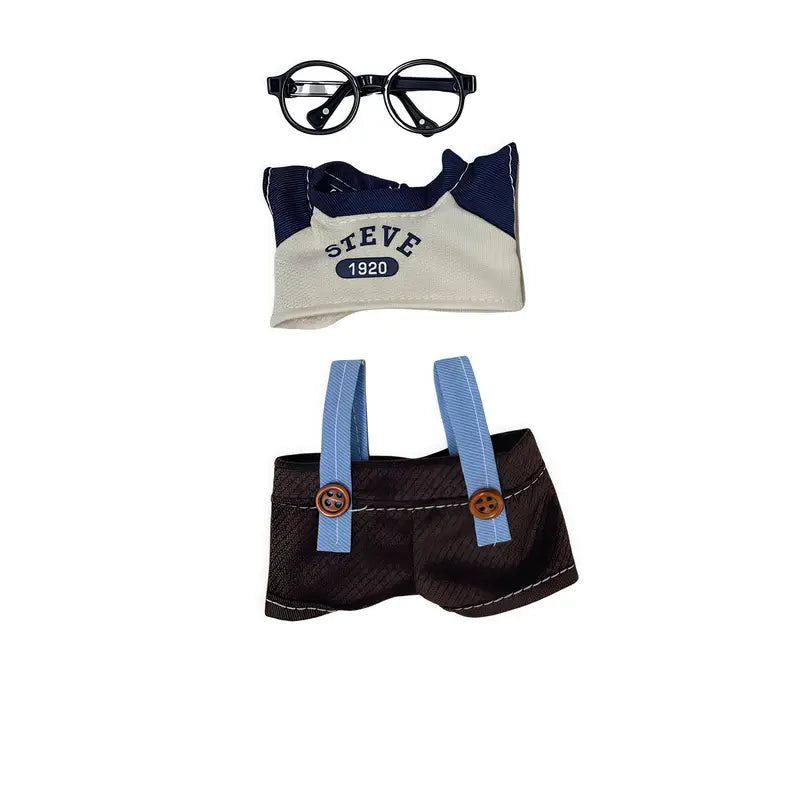 Toy outfit with shirt, suspenders, and glasses on a white background