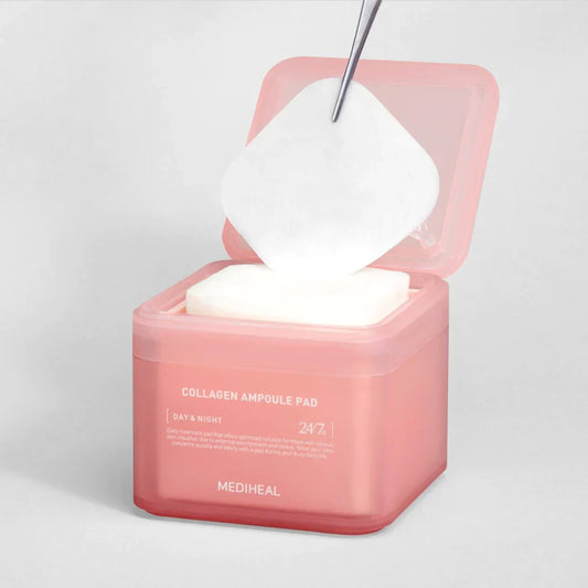 Pink container of Mediheal Collagen Ampoule Pads on a light gray background