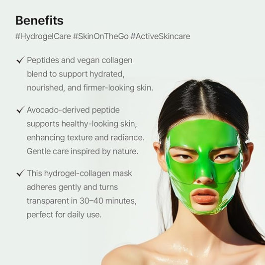 Woman wearing a green hydrogel mask with product benefits text on a white background