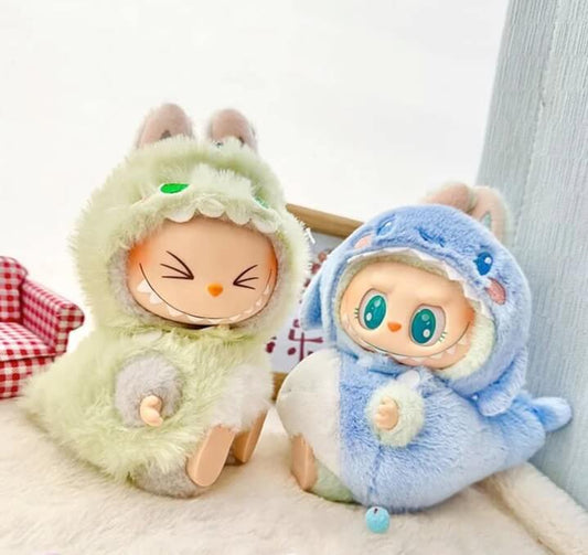 Dress your Labubu plush in this shark hoodie outfit from Zibuya. High-quality kawaii plush clothes for Labubu collectors and streetwear toy lovers.