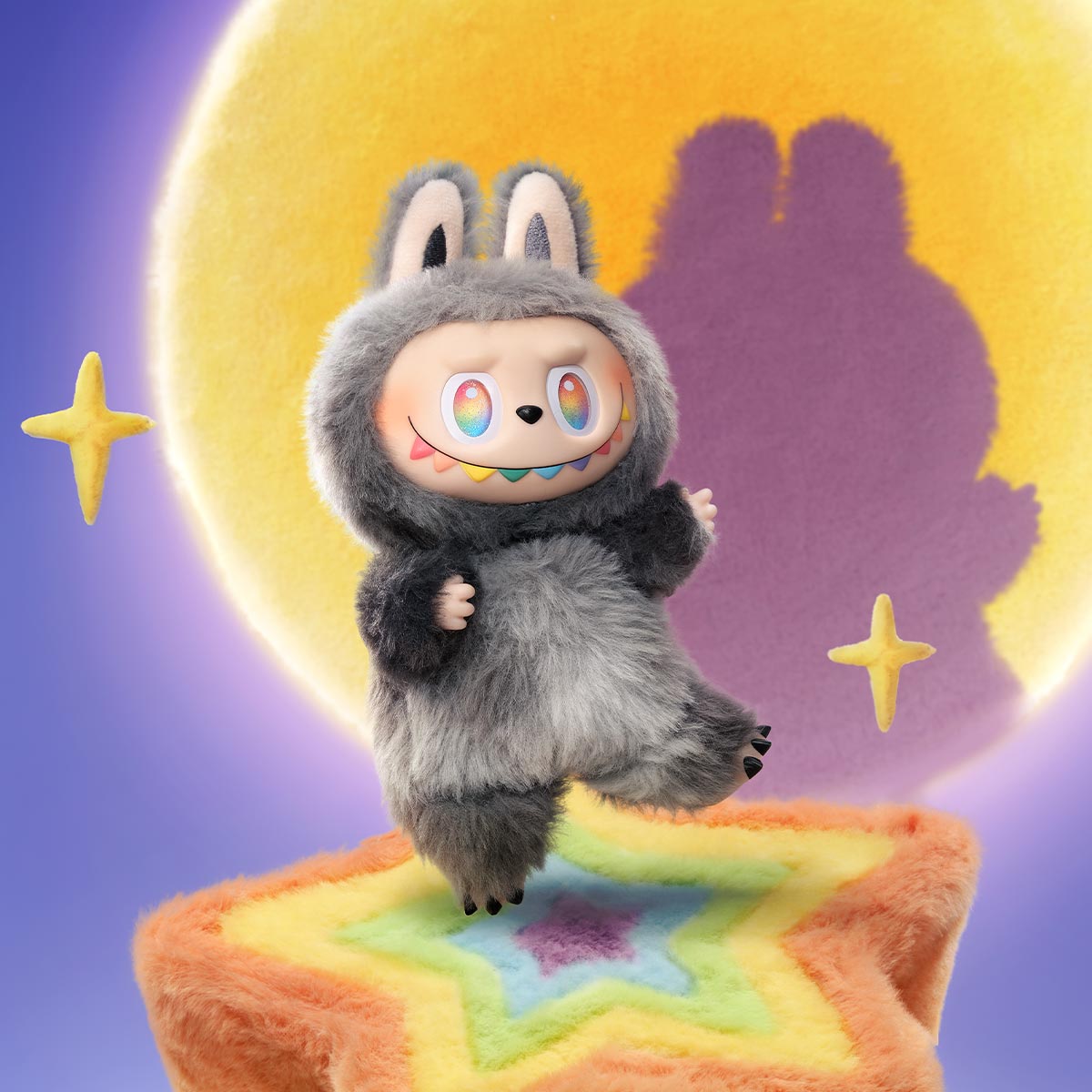 Rare secret figure from The Monsters Big Into Energy Series dressed in fluffy black with rainbow eyes and a mischievous grin from Zibuya