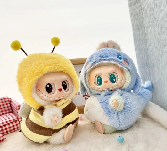 Zibuya Labubu doll in yellow bee hoodie costume with antennas and stripes, kawaii plushie outfit for collectors and cute gift idea