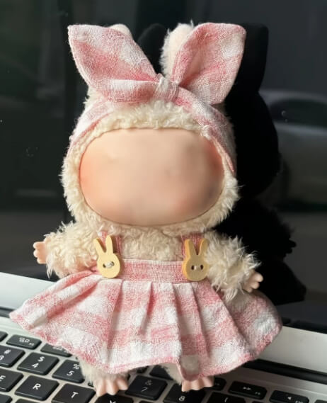 Close-up of a Labubu doll wearing Zibuya’s pink gingham dress and bow headband, showing the wooden bunny buttons, photographed indoors on a laptop keyboard.