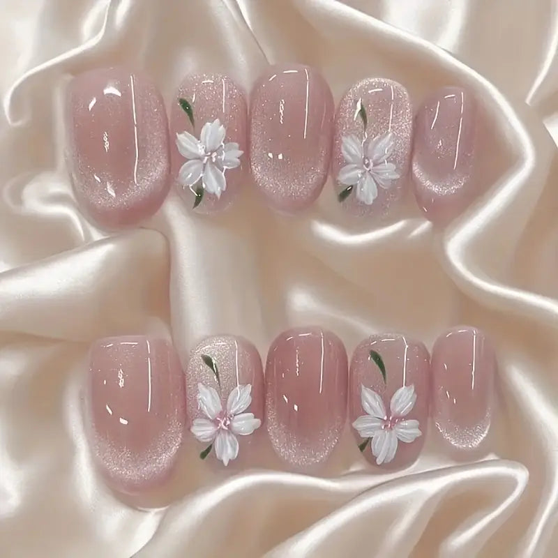 Forget Me Not - Simple Floral Nude Press On Nails 10 Pieces