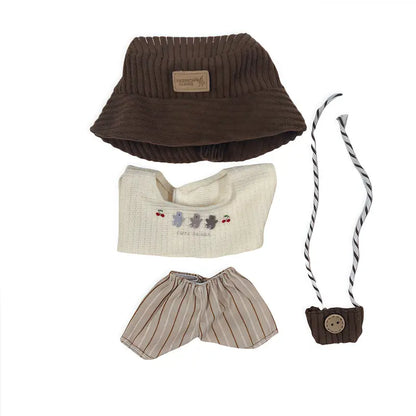 Labubu Explorer 4 Piece Outfit – Brown Bucket Hat, Striped Shorts, Biege Shirt & Mini Explorer Bag