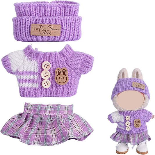 Labubu Cozy Purple Knitted Sweater with Plaid Skirt Outfit Set – Fall Inspired (3 Items)