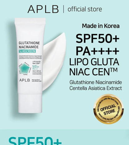 APLB sunscreen tube with product details on a light blue background at Zibuya Official Store 