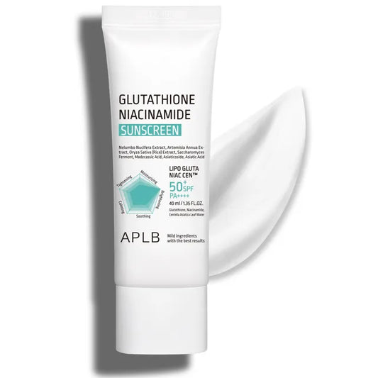 Tube of APLB Glutathione Niacinamide Sunscreen on a white background at Zibuya Official Store