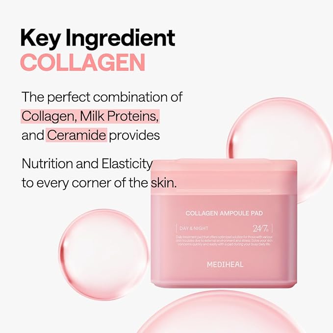 Collagen ampoule pad with text highlighting key ingredients on a white background at Zibuya Official Store