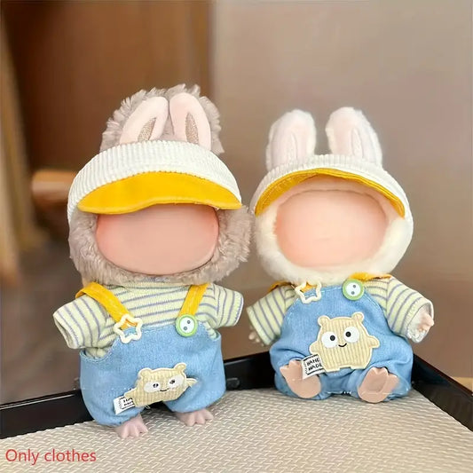 Two plush toys with bunny ears and outfits on a neutral background