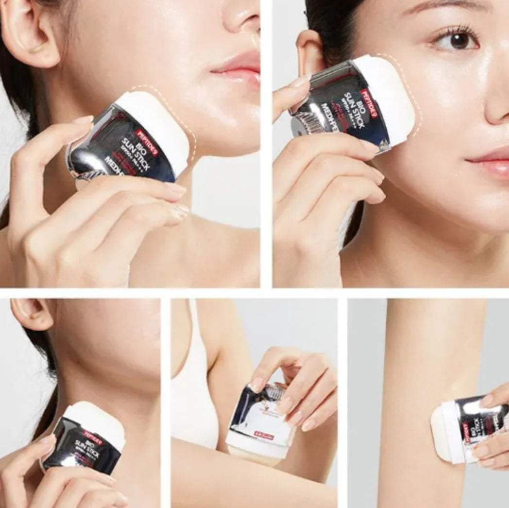 Collage of a person using a skincare product on their face and body.