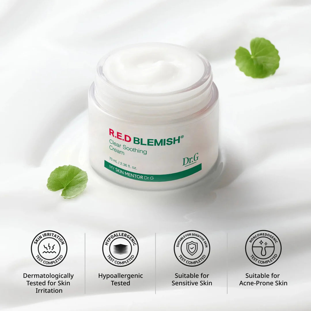 Dr.G R.E.D Blemish Clear Soothing Cream deeply hydrates, reduces redness, and brightens dull skin. Lightweight gel texture absorbs quickly for calm, refreshed skin. Shop now at Zibuya with free shipping over $35 USD / $39 CAD.