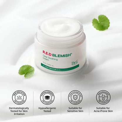 Dr.G R.E.D Blemish Clear Soothing Cream deeply hydrates, reduces redness, and brightens dull skin. Lightweight gel texture absorbs quickly for calm, refreshed skin. Shop now at Zibuya with free shipping over $35 USD / $39 CAD.