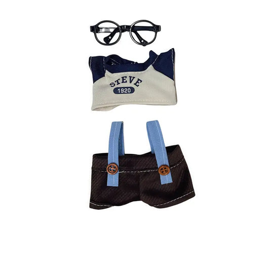 Toy outfit with shirt, suspenders, and glasses on a white background