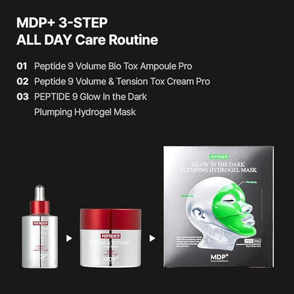 MDP+ skincare products including an ampoule, cream, and hydrogel mask on a black background.