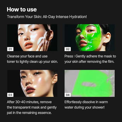 Instructions for using a facial mask with images of a woman applying the mask.