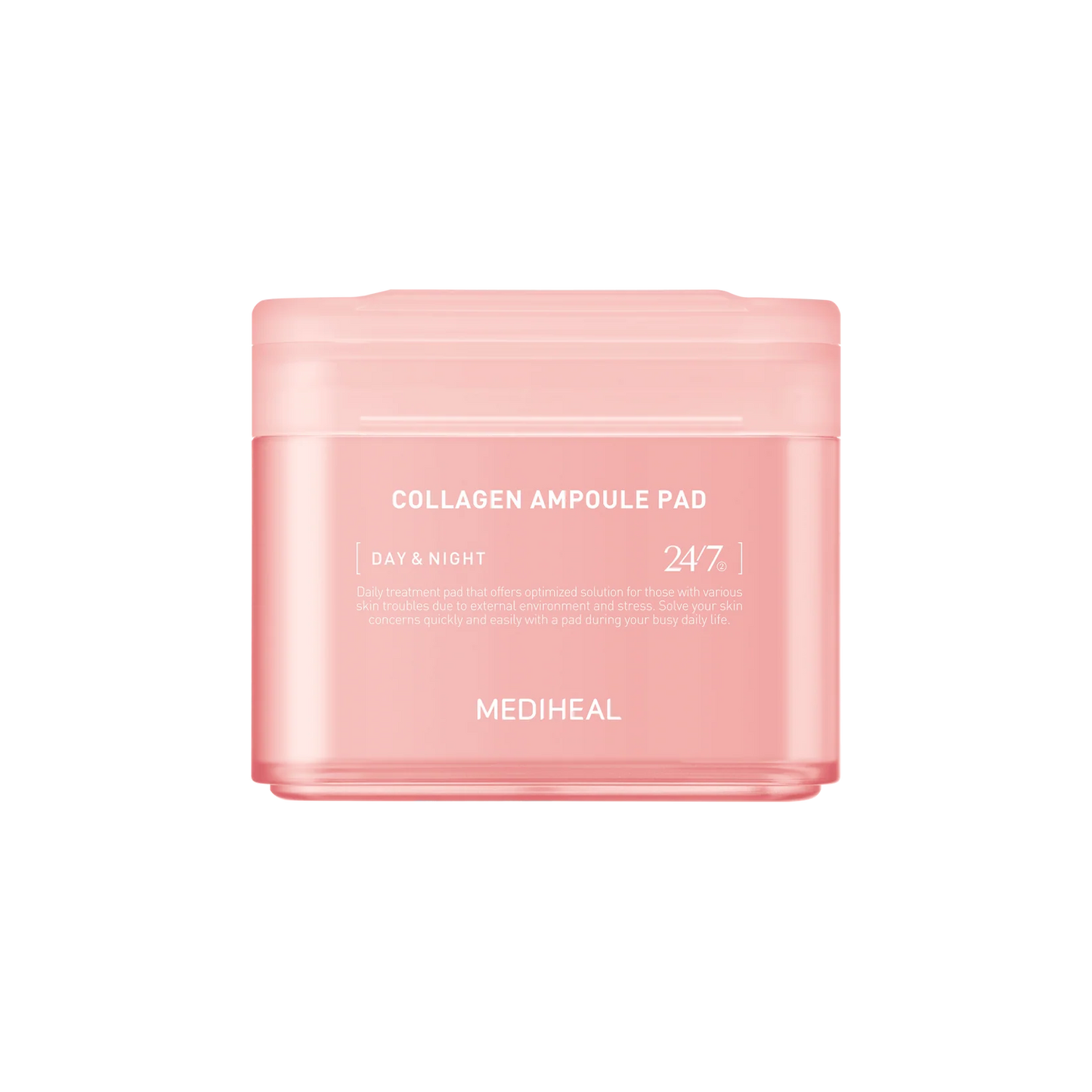 Pink packaging of Mediheal Collagen Ampoule Pad on a white background from Zibuya Official Store