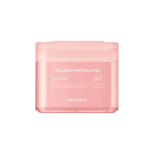 Pink packaging of Mediheal Collagen Ampoule Pad on a white background from Zibuya Official Store