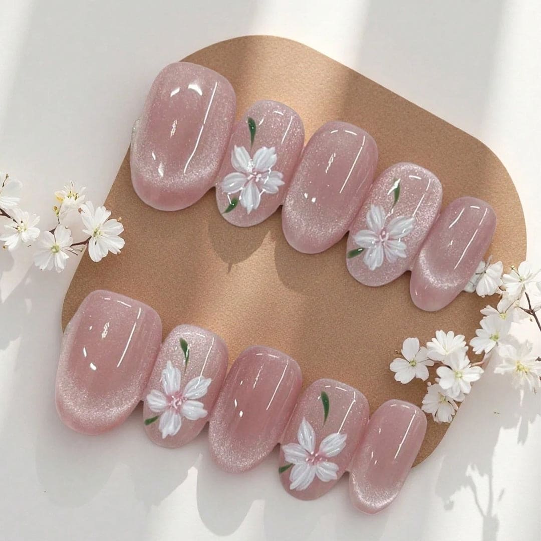 Forget Me Not - Simple Floral Nude Press On Nails 10 Pieces