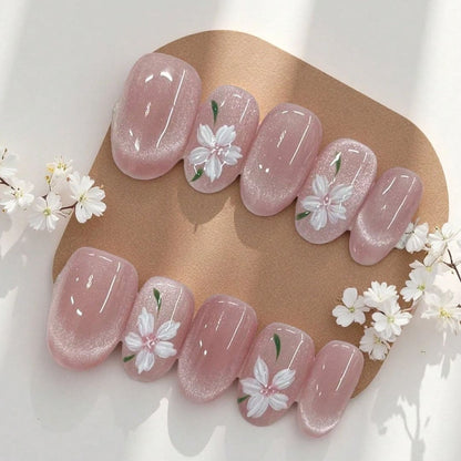 Forget Me Not - Simple Floral Nude Press On Nails 10 Pieces