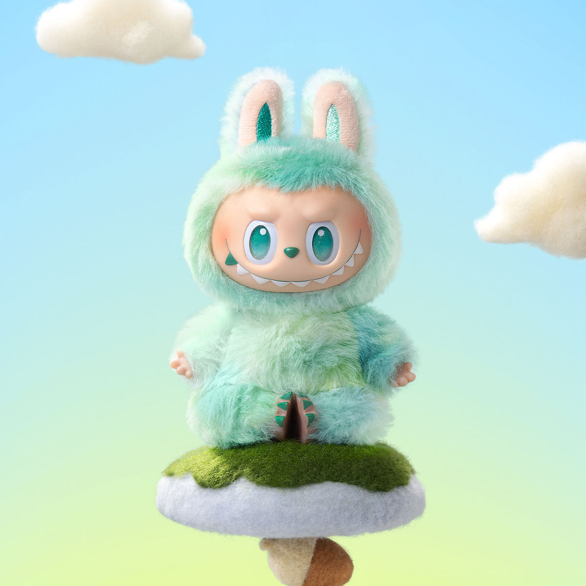Zibuya Serenity, Mint green bunny-style monster plushie sitting on a mushroom, showing off detailed fur and a sly grin.