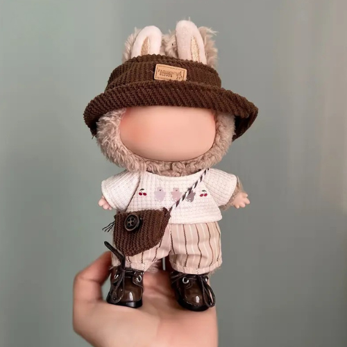 Labubu Explorer 4 Piece Outfit – Brown Bucket Hat, Striped Shorts, Biege Shirt & Mini Explorer Bag