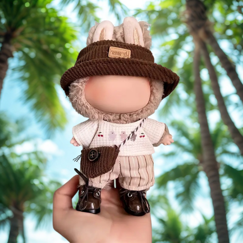 Labubu Explorer 4 Piece Outfit – Brown Bucket Hat, Striped Shorts, Biege Shirt & Mini Explorer Bag