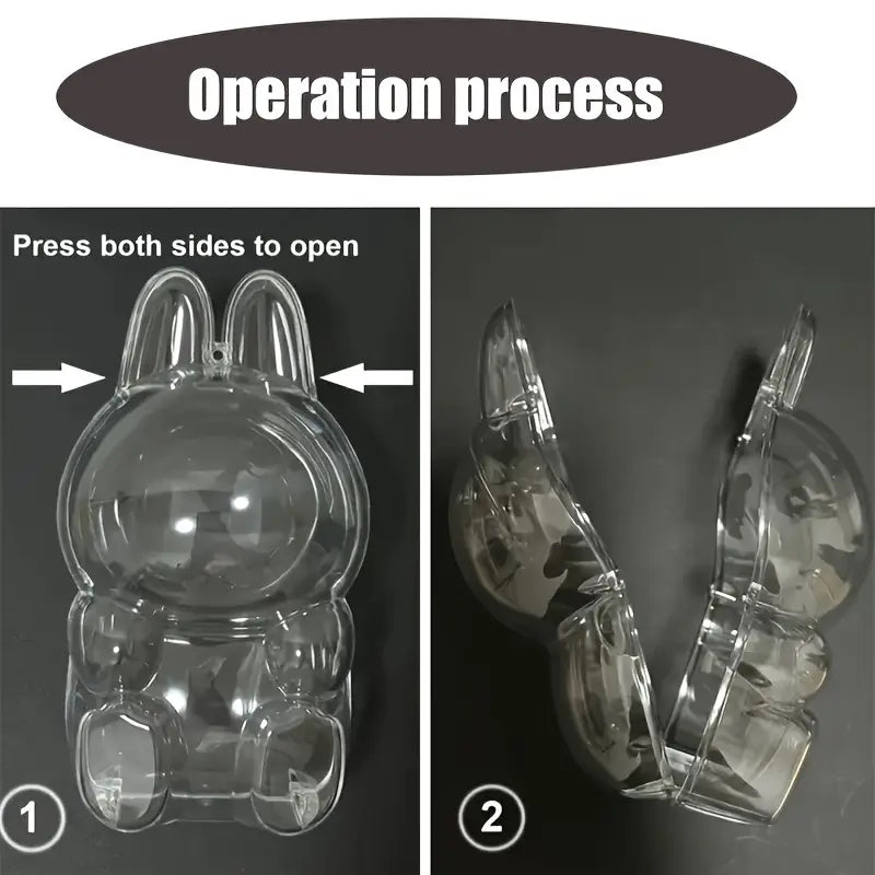 Step-by-step guide showing how to open a Zibuya clear bunny-shaped display case by pressing both sides to release the hinged halves.