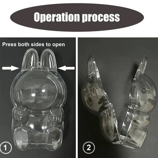 Step-by-step guide showing how to open a Zibuya clear bunny-shaped display case by pressing both sides to release the hinged halves.