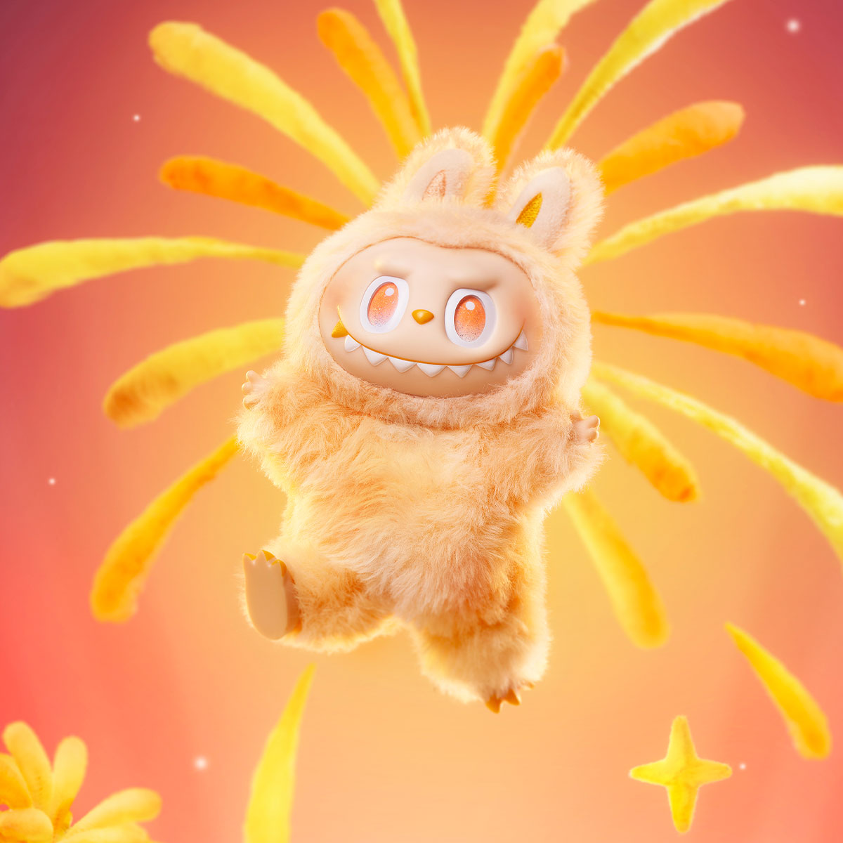 Zibuya Happiness Labubu , Fluffy orange vinyl plush pendant leaping in front of explosive yellow fireworks in Pop Mart’s energetic monster series.
