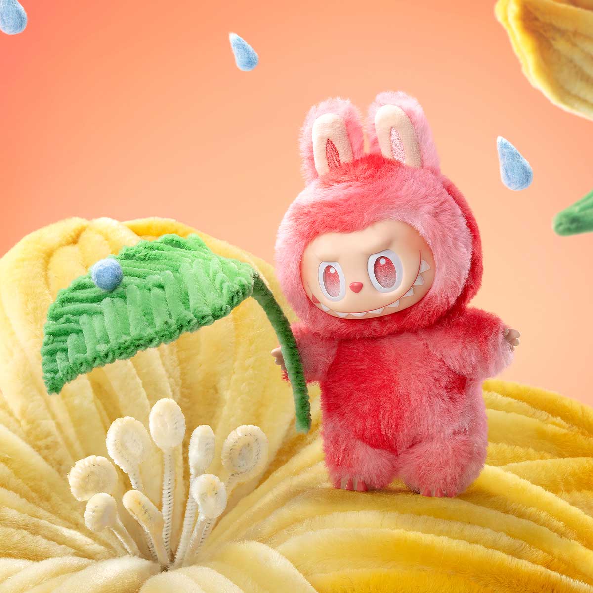 Zibuya Love Labubu, Vivid red plush bunny character hiding under a fuzzy green leaf on a blooming flower base.