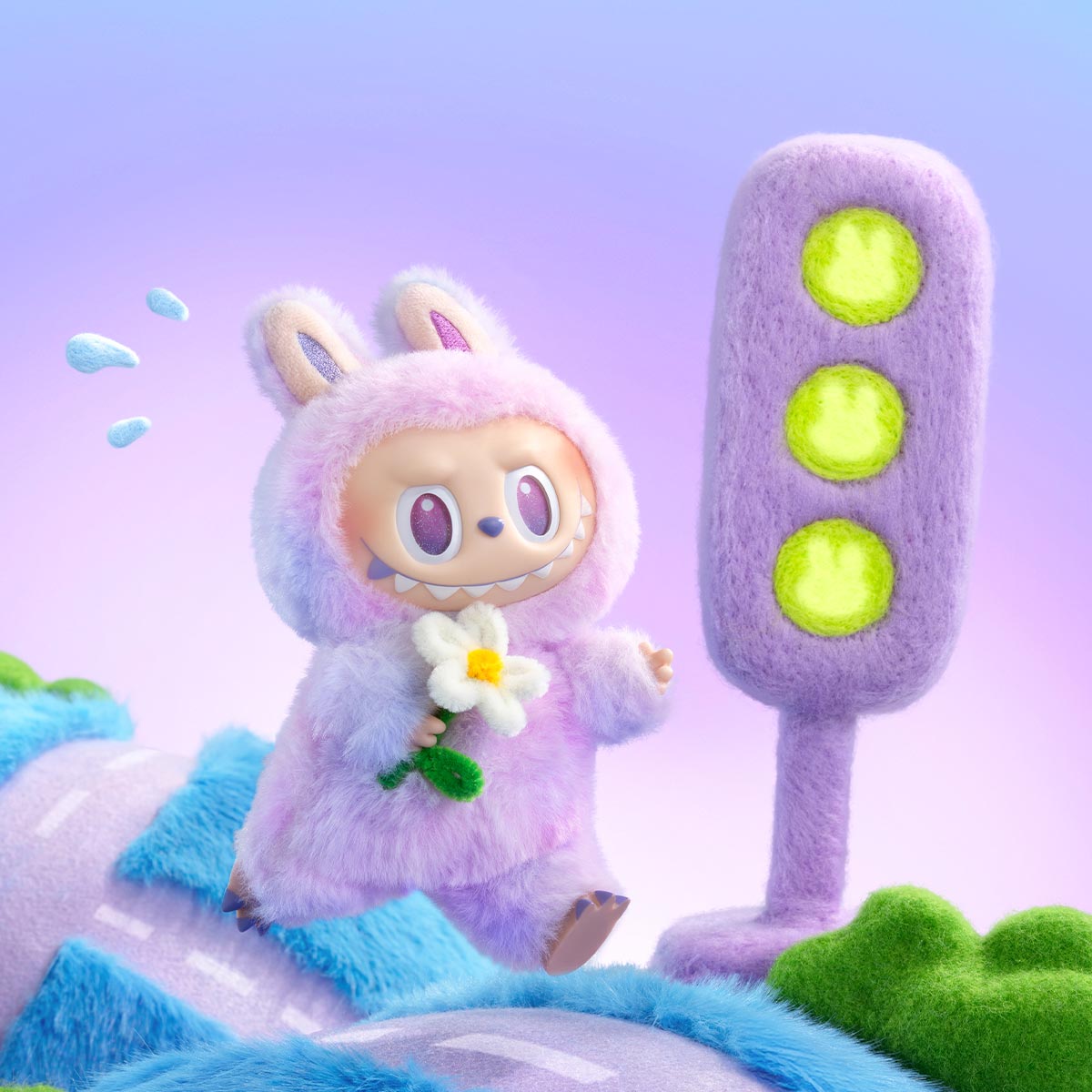 Zibuya Luck Labubu, Soft lavender-colored plush character from Big Into Energy Series holding a flower with a pastel stoplight in the background.