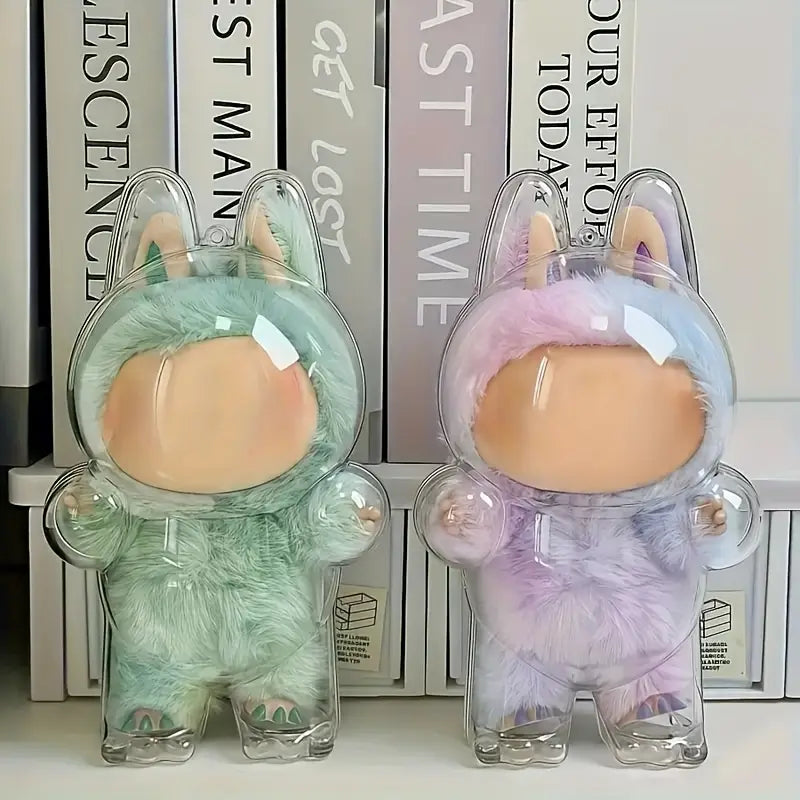 Zibuya clear standing acrylic protective cases displaying mint green and lavender macaron-style Labubu dolls, perfect for collectors who love energetic, pastel-themed designs.
