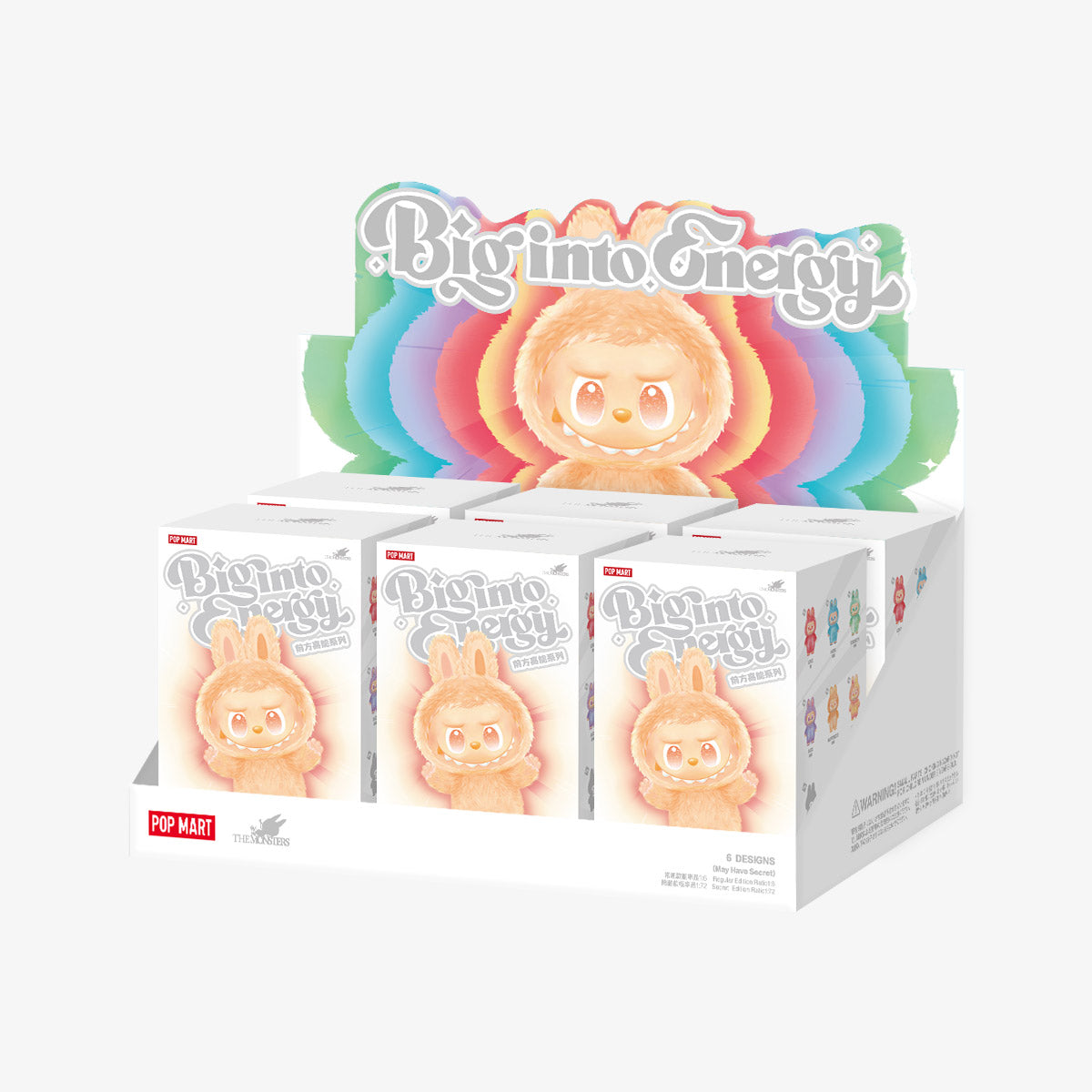 Zibuya full 6-piece Pop Mart blind box display of The Monsters Big Into Energy Series with colorful rainbow backing and front-facing mascot figure